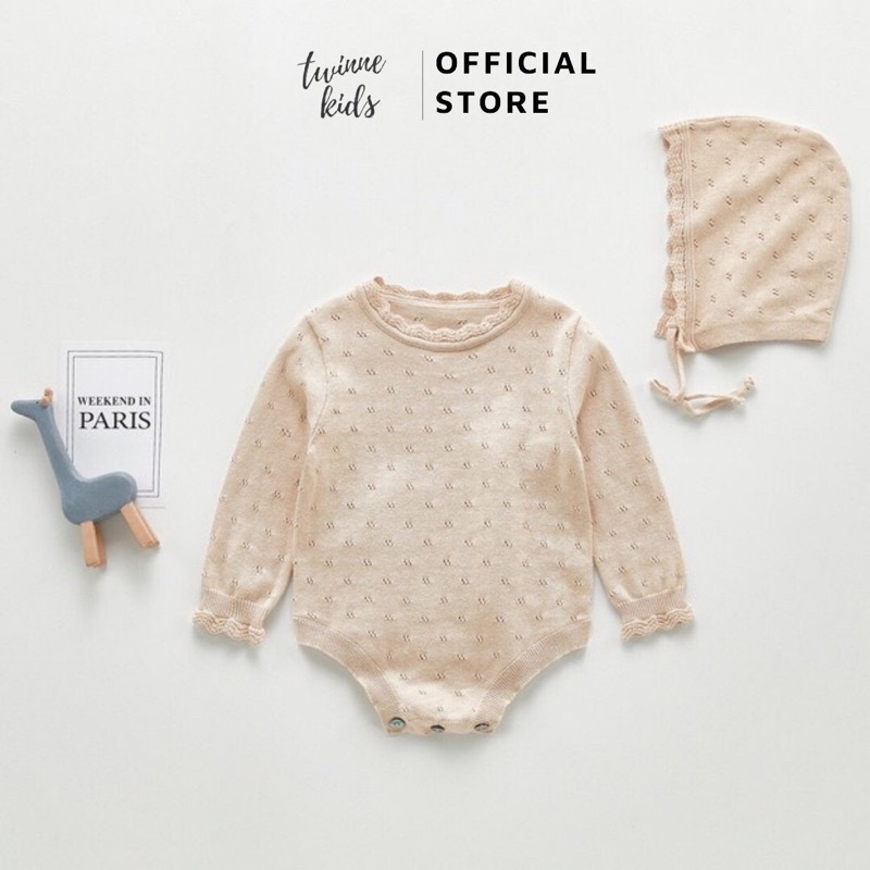 [Emma Baby] Bộ đồ liền thân kèm mũ, romper bodysuit em bé sơ sinh chất liệu len dệt kim bé gái từ 0-24 tháng