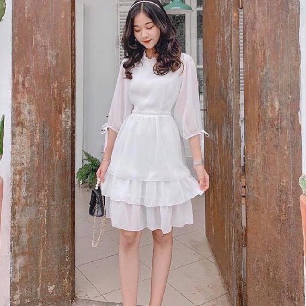 [Ảnh thật] Váy trắng voan tầng tay bồng thắt nơ siêu xinh - Đầm trắng kỉ yếu dáng xòe thắt nơ