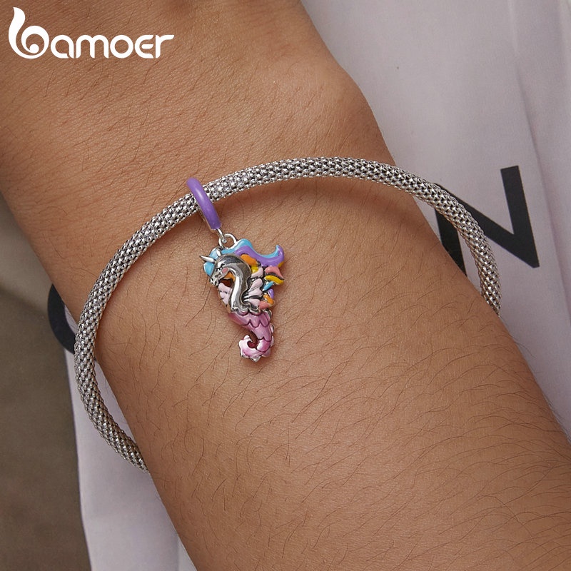 Mặt vòng cổ BAMOER bằng bạc 925 hình cá ngựa hoạt họa