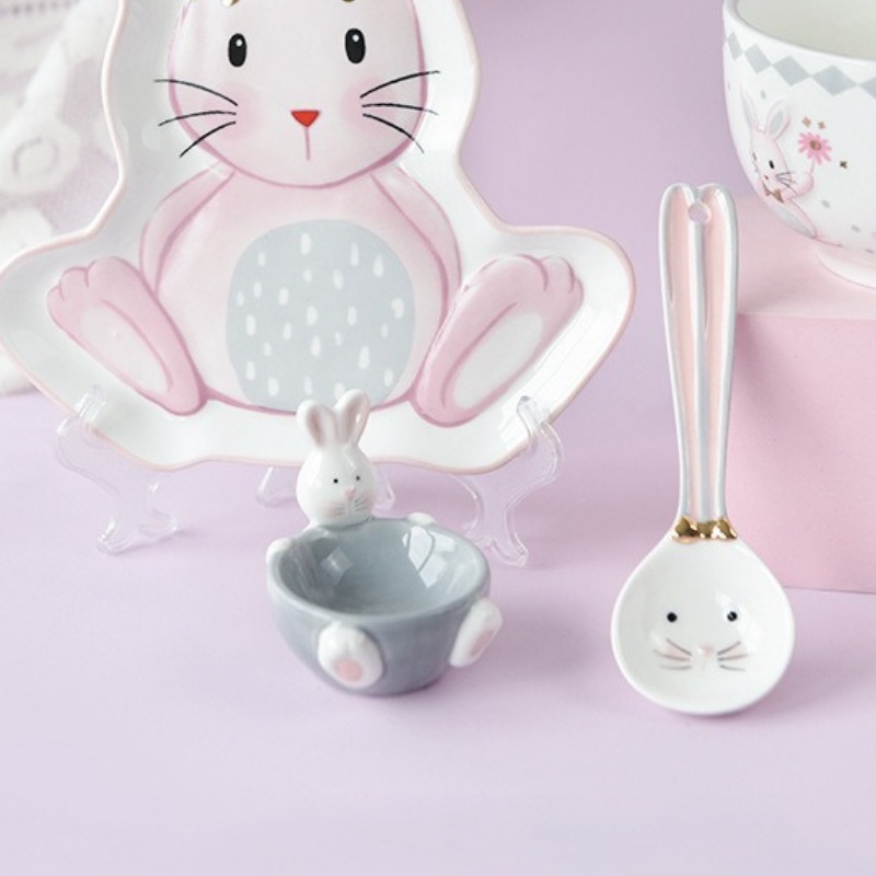 Bộ bát đĩa trang trí thỏ trắng tiện lợi khi ăn trứng lộn, trứng vịt, trứng gà luộc Under1000k