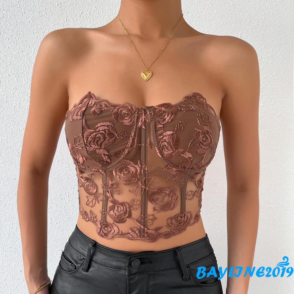 Áo Ống Thêu Hoa Xuyên Thấu Trễ Vai Cho Nữ