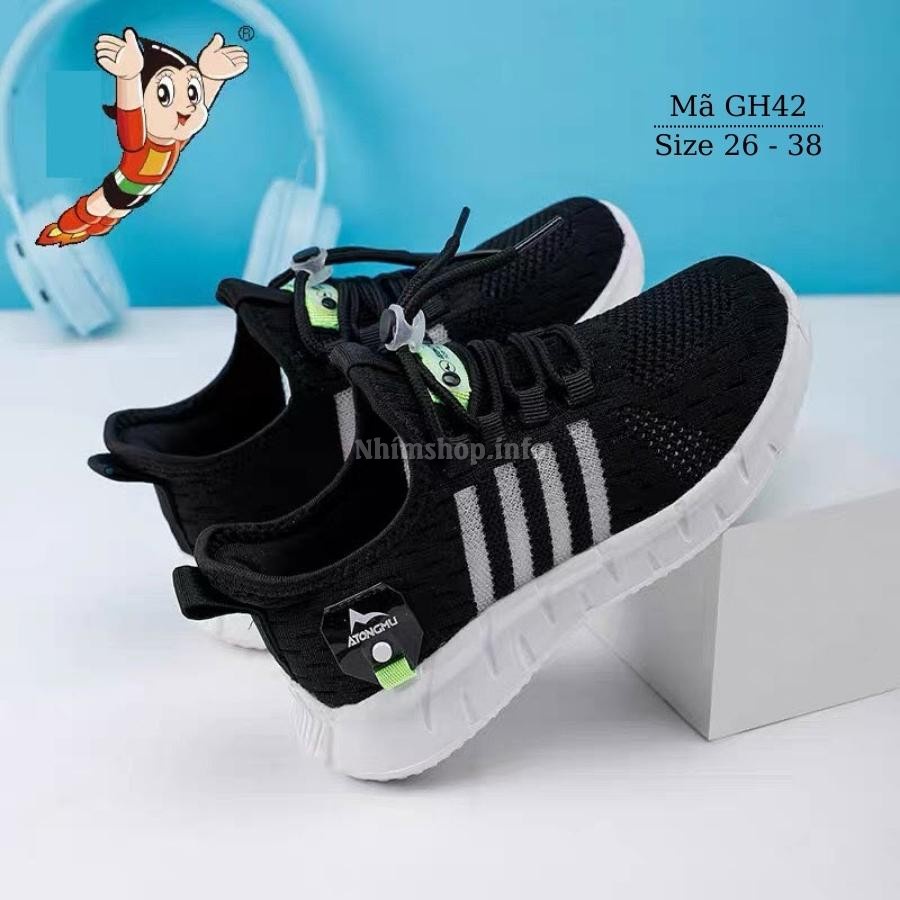 Giày thể thao bé trai màu đen 3 - 12 tuổi khóa rút sành điệu đế siêu nhẹ chống trơn cho trẻ em nam đi học chạy bộ GH42