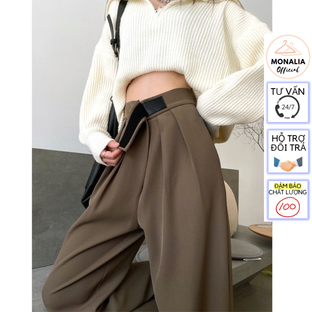 Quần ống rộng MONALIA lưng cạp cao ống suông vải nữ dài culottes xuông màu đen , nâu , xám