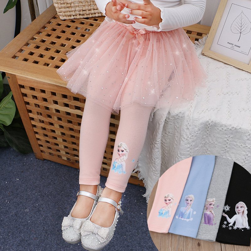 Quần Leggings Liền Váy Voan Cho Bé Gái, Chất Cotton Len Dày Ấm, Hình Elsa Xinh Xắn, Size 13-24kg-MINKIDS