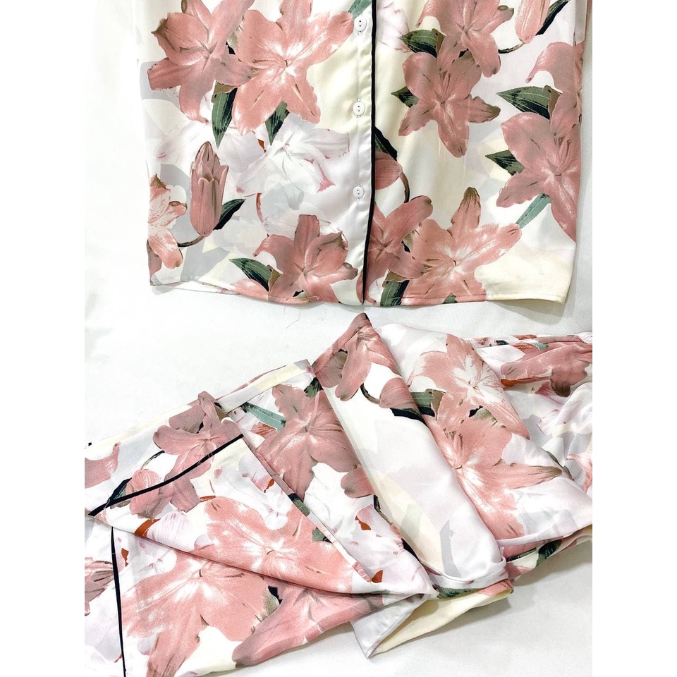 Đồ Ngủ Lụa Satin Nhật Pijama Ngắn Tay Họa tiết Cành Hồng Đá Vintage Trang Nhã JAPAN SILK Chính Hãng