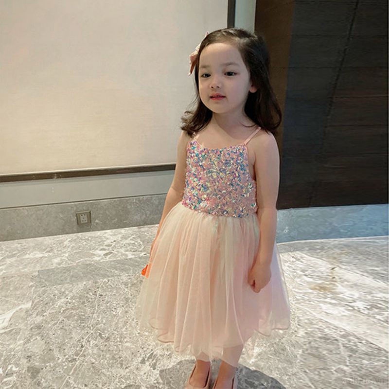 Đầm Hai Dây Phối Lưới Đính Kim Sa Lấp Lánh Thời Trang Mùa Hè Cho Bé Gái