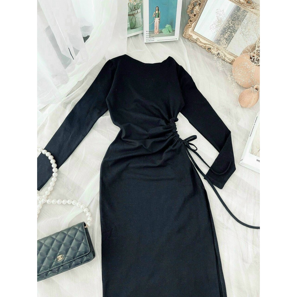 Váy body sexy, đầm maxi tay dài rút dây eo, váy ôm body xẻ tà màu đen cá tính - HN6