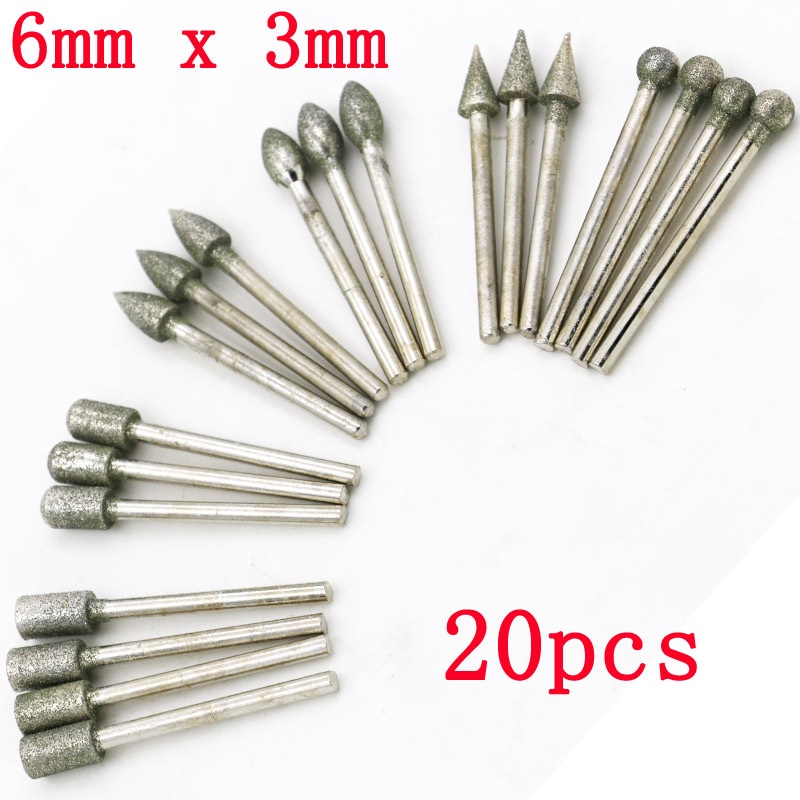 Bộ 20 Đầu Mài Kim Cương - Đầu mài, đầu đánh bóng độ mịn 150 Grit cán 3mm