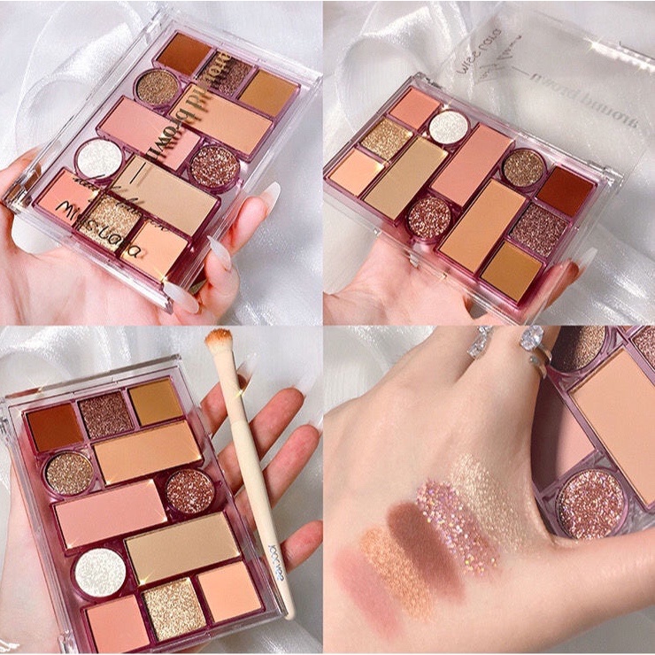 Bảng Phấn Mắt 12 Màu Sắc Kiêm Bắt Sáng/Má Hồng Dạng Lì Ánh Nhũ Toàn Diện Không Rơi