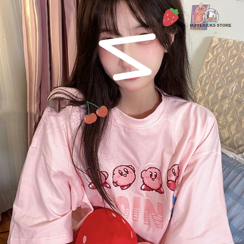 Áo thun cotton tay ngắn dáng rộng in hình Kirby màu hồng phong cách dễ thương thời trang mùa hè cho nữ