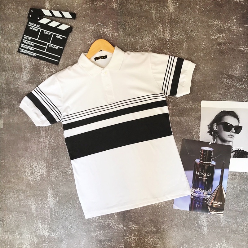 Áo Polo nam cao cấp cổ bẻ phối sọc ngang đen trắng form ôm dáng chuẩn đẹp chất thun lạnh cotton thoáng mát | BigBuy360 - bigbuy360.vn