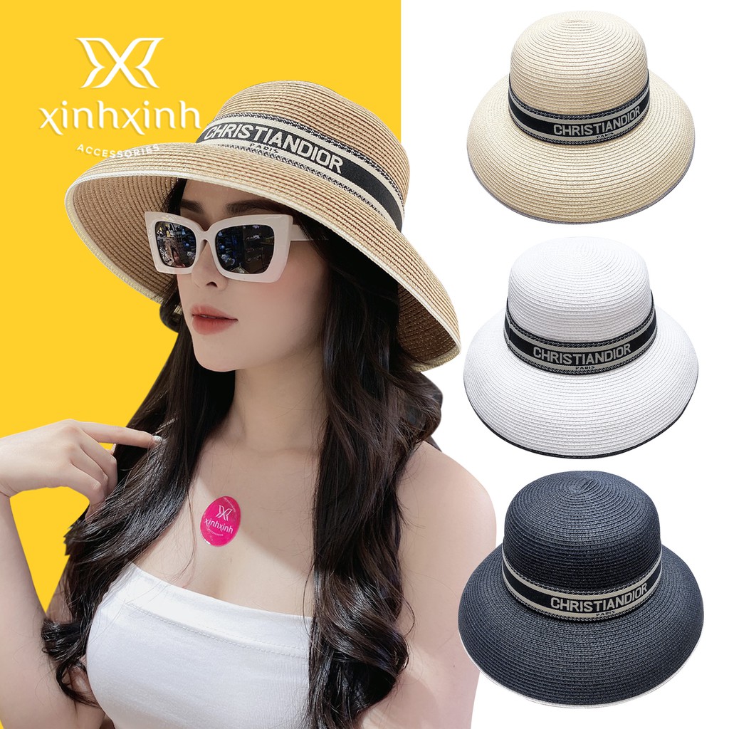 Mũ cói lụa vành chuông cao cấp ruy băng chữ thời trang - Xinh Xinh Accessories