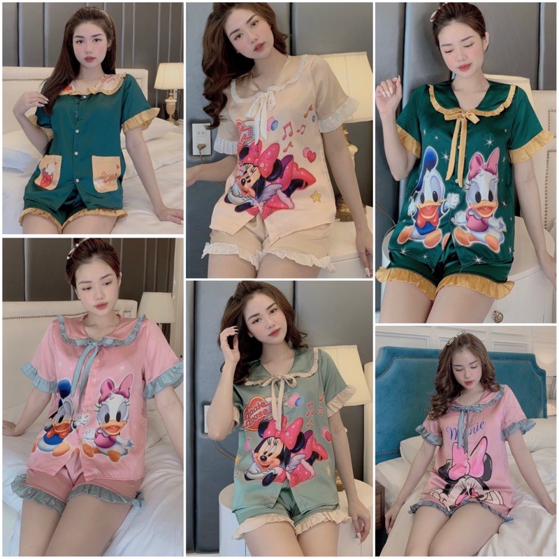 Đồ Bộ Pijama - Bộ Lụa Áo Cộc-Quần Sooc Chất Liệu SaTin Họa Tiết Xinh Xắn [FREE SHIP] | BigBuy360 - bigbuy360.vn