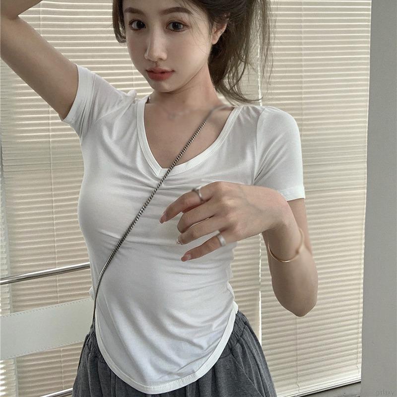 Áo thun tay ngắn cổ chữ V màu sắc đơn giản thời trang Hàn Quốc trẻ trung dành cho nữ