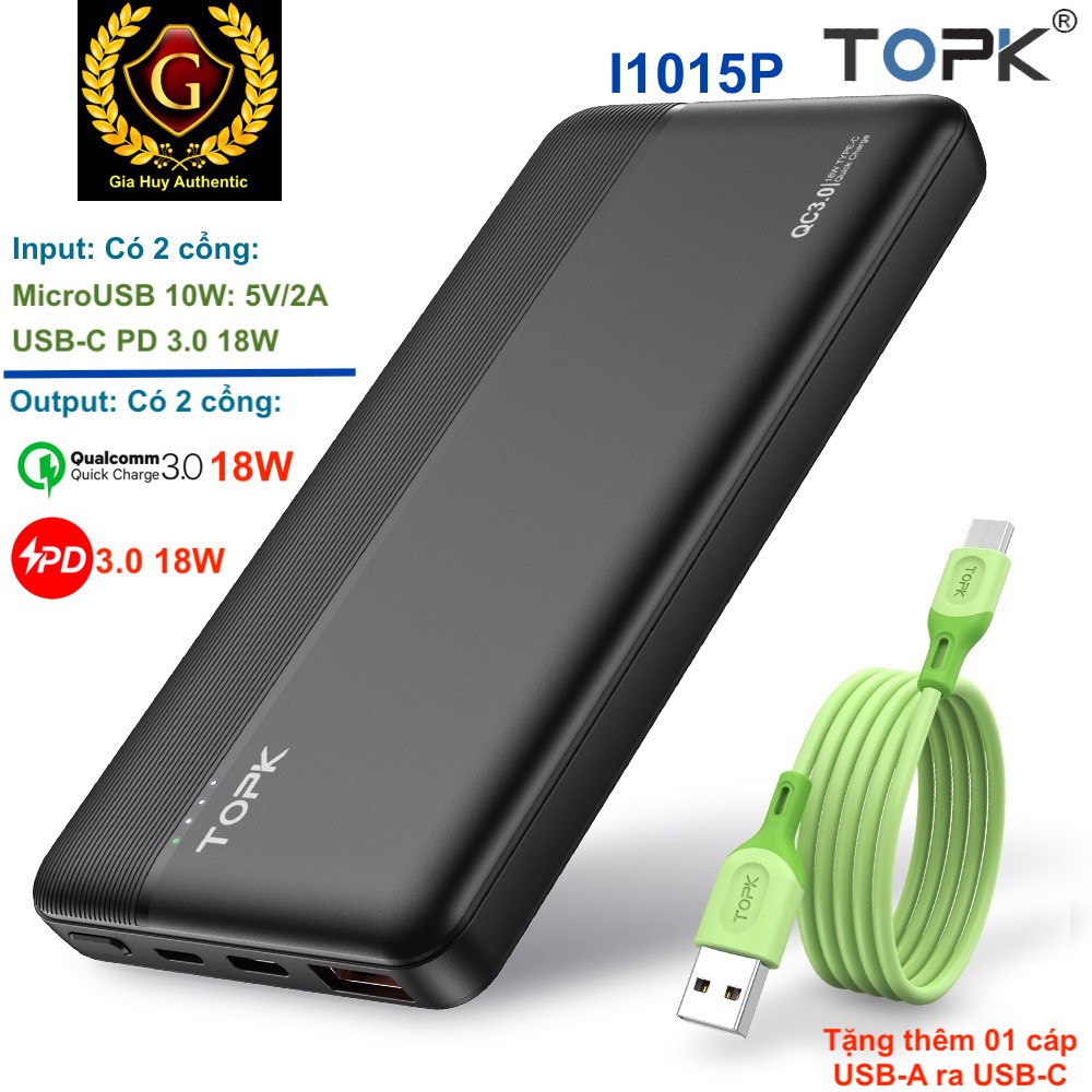 Pin sạc dự phòng sạc nhanh iPhone, iPad, S9, Note 9, TOPK I1015P 10000mAH PD 3.0 18W &amp; QC 3.0 18W