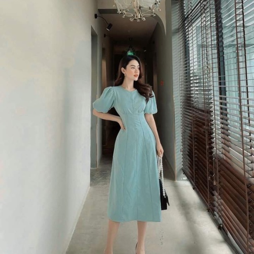 Đầm dự tiêc công sở cồ tròn tay phồng ôm eo kín đáo nhẹ nhàng chụp ảnh dạo phố Kawaii Mise