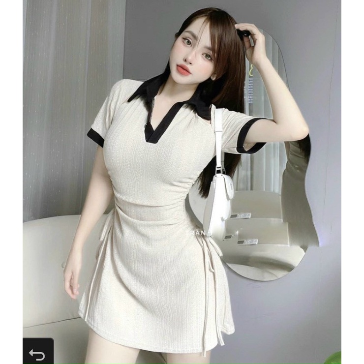 Đầm cổ polo khoét vai rút dây hông - Chất xương cá