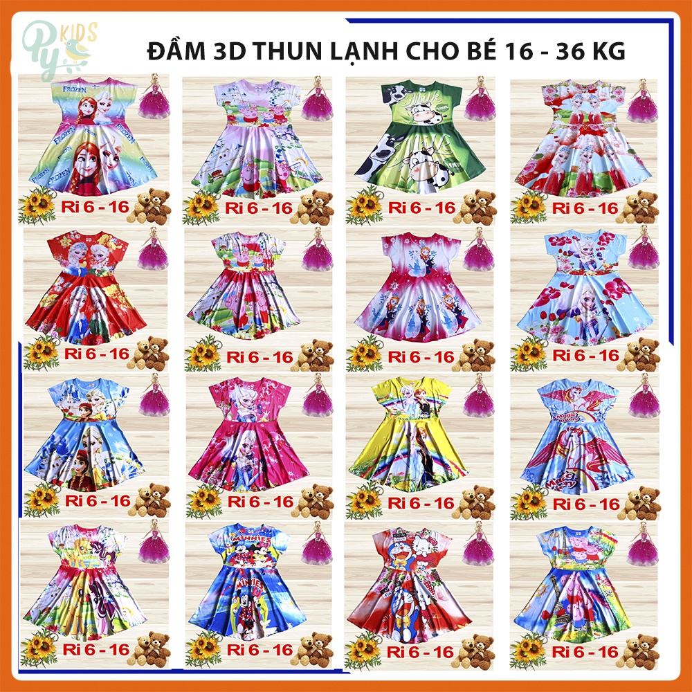 Đầm 3D thun lạnh loại 1 cho bé gái từ 16-36 kg