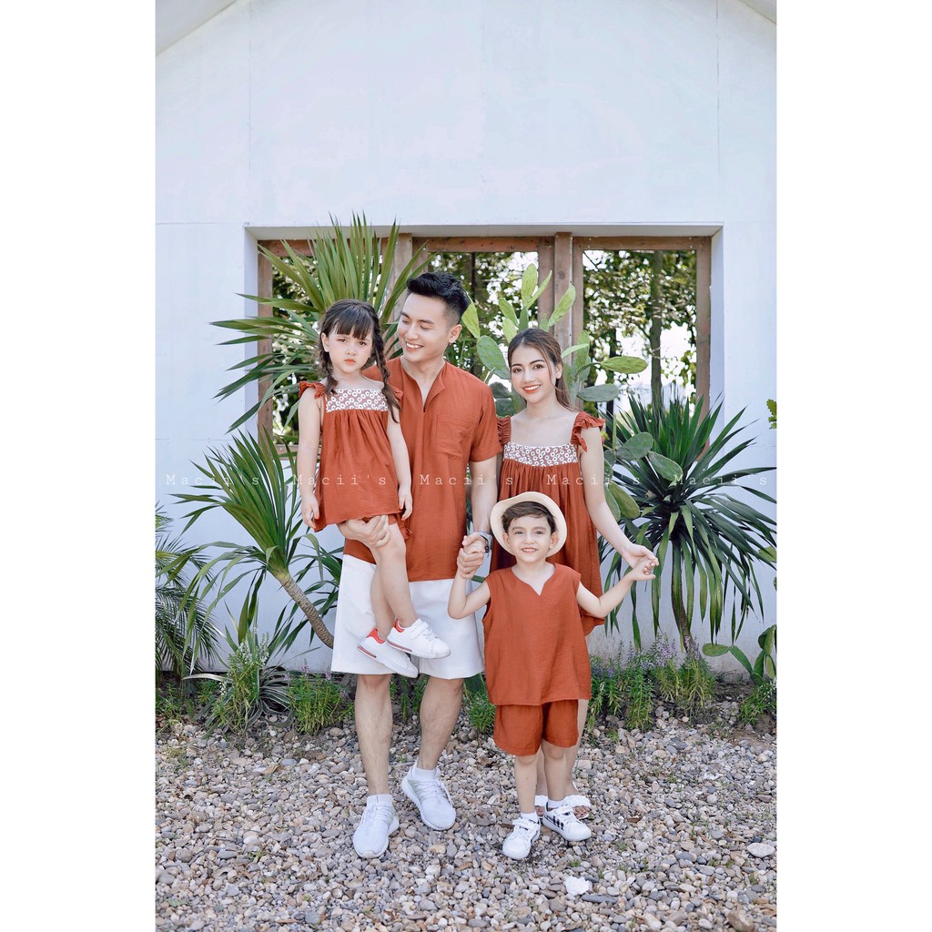 Đồ đôi mẹ bé, đồ đôi gia đình - set gia đình chất liệu đũi mát màu cam đất