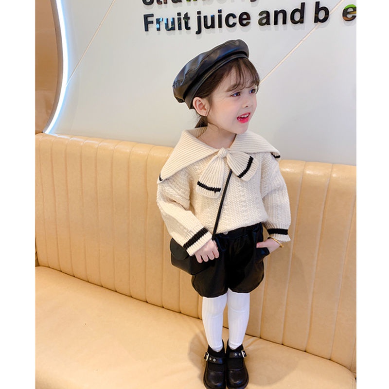 Áo dệt kim cổ bẻ màu tương phản phong cách phương tây thời trang thu đông 2021 cho bé gái