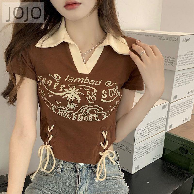 Áo Thun Ngắn Ôm Eo Cột Dây Cổ Lật Màu Sắc Tương Phản Phong Cách Retro Đường Phố Mỹ Cho Nữ