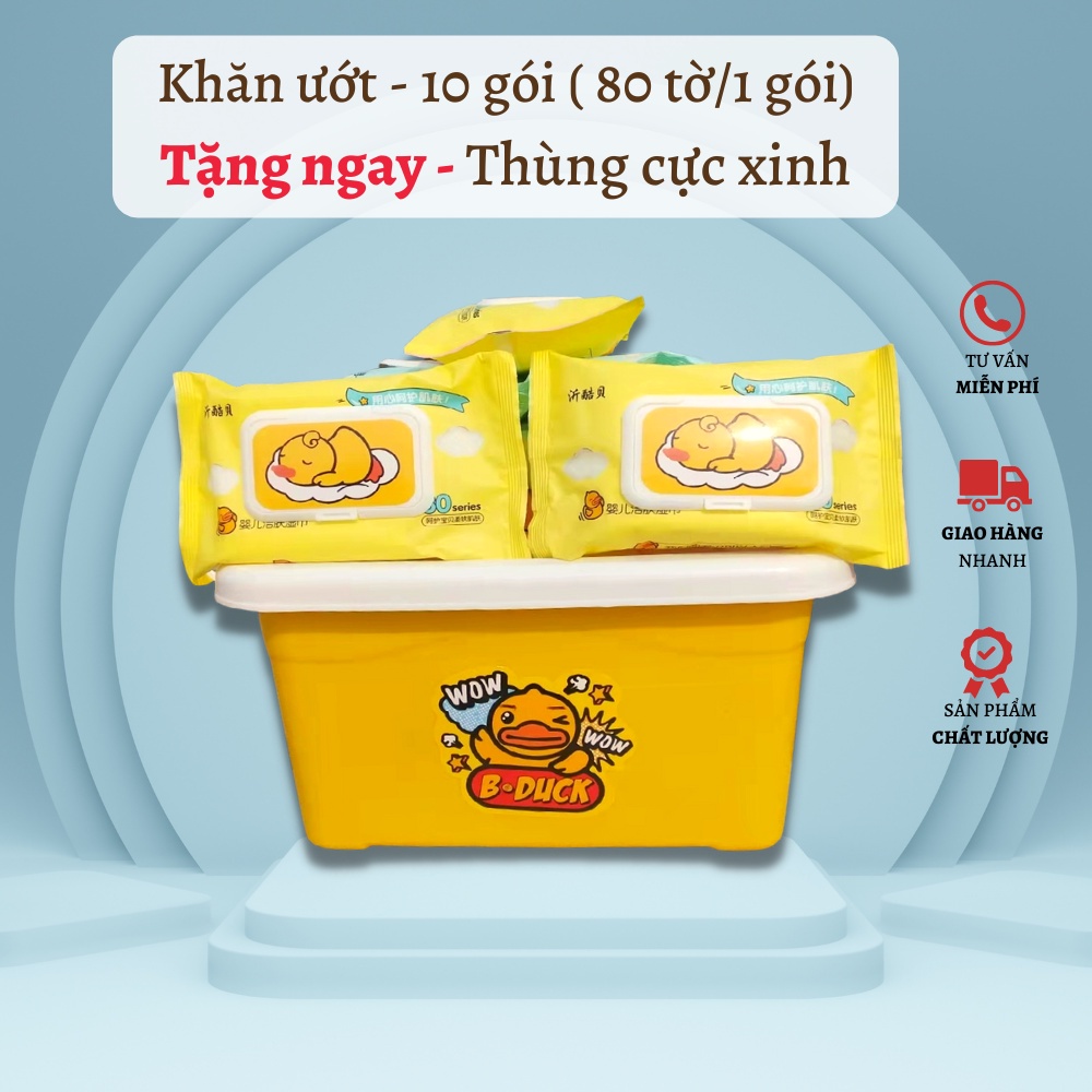 Giấy ướt vịt vàng THÙNG 10 GÓI 80 tờ 1 gói Tặng kèm thùng