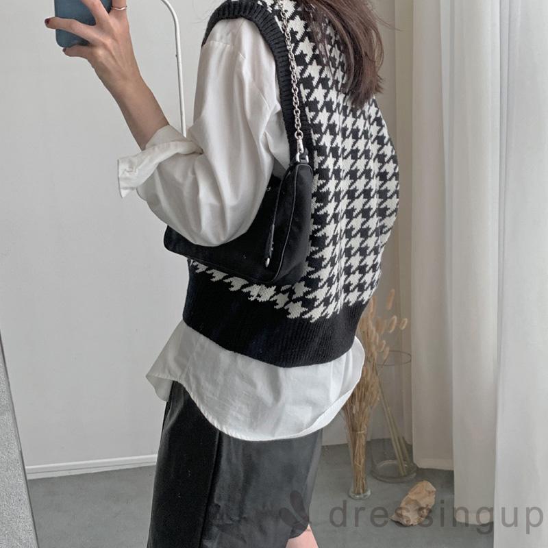 Áo Len Không Tay Dáng Rộng Cổ Chữ V In Họa Tiết Độc Đáo Cho Nữ