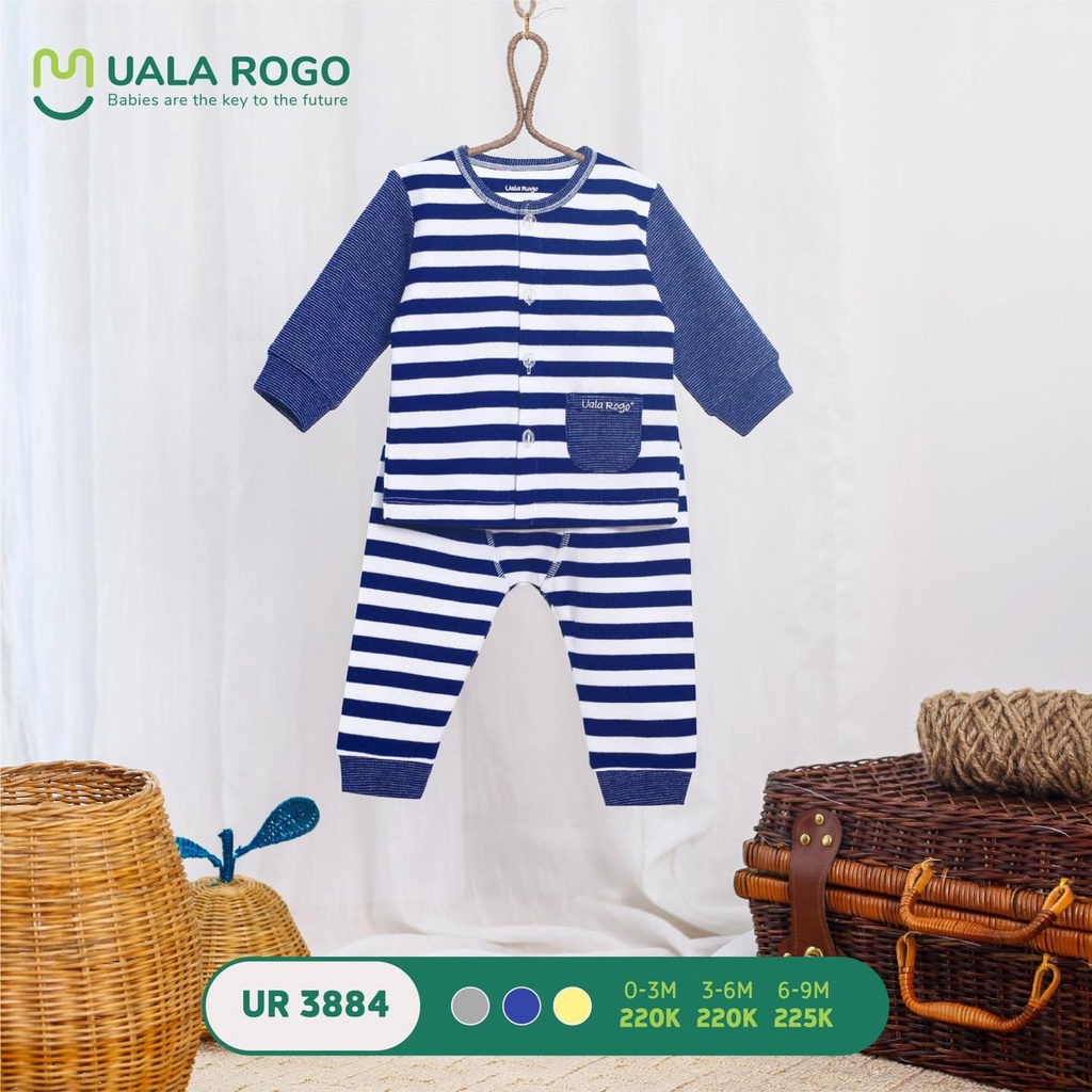 Quần áo sơ sinh Ualarogo bé trai bé gái 0-9 tháng dài tay cúc giữa kẻ ngang to vải Cotton 3884