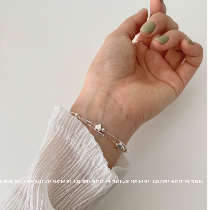 Lắc tay bạc Tlee, lắc sợi kép tim xinh xắn- Tleejewelry