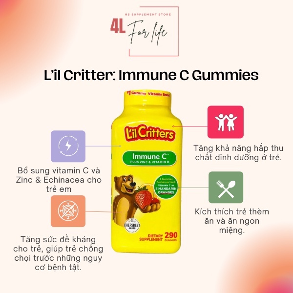 TPCN kẹo bổ sung Vitamin C và tăng sức đề kháng L’il Critters: Immune C 290v - Hàng Mỹ đi air full bill ✈️🇺🇸