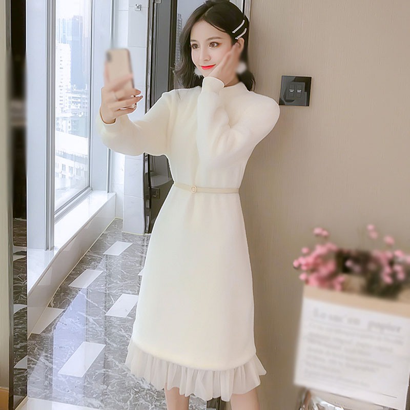 Đầm Dệt Kim Tay Dài Phối Lưới Phong Cách Hàn Quốc Thanh Lịch Cho Nữ