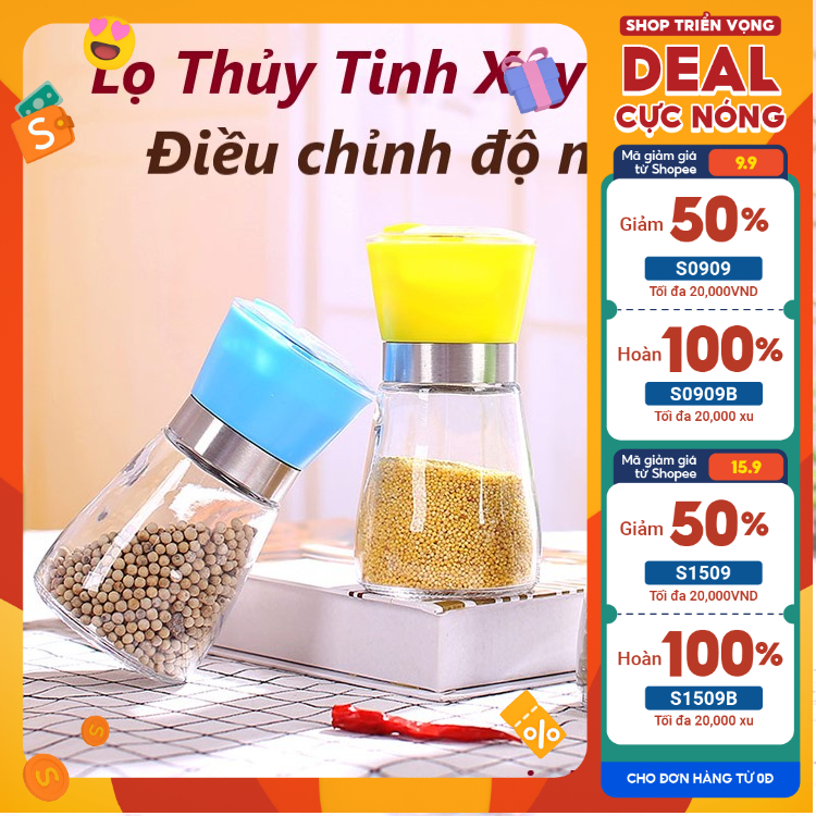 Cối xay tiêu, hạt khô bằng thủy tinh dung tích 180ml, lọ xay tiêu thủy tinh