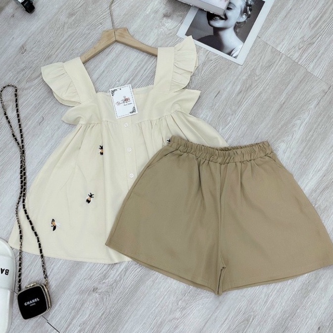 Bộ mặc nhà cánh tiên tổ ong thêu chất đũi lụa mát lạnh mùa hè B110 nội y xanh babydoll bánh bèo mầu trắng đen be