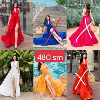 váy maxi hở lưng xếp li xẻ bên quảng châu đi biển/ váy boho đi biể