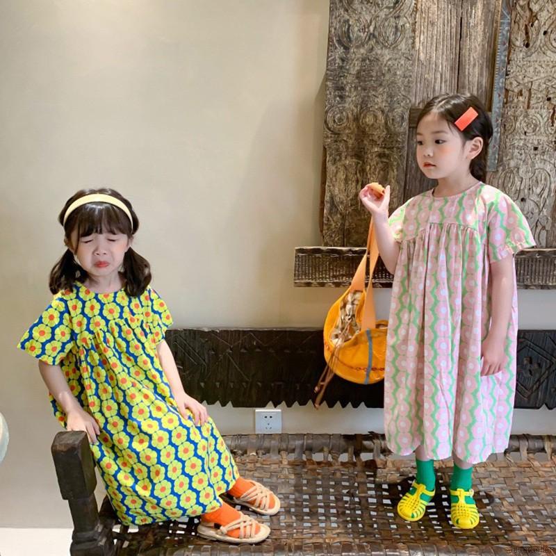 Đầm công chúa dáng dài cổ tròn in hoa phong cách Hàn Quốc thời trang mùa hè dễ thương cho bé gái 3-8 tuổi