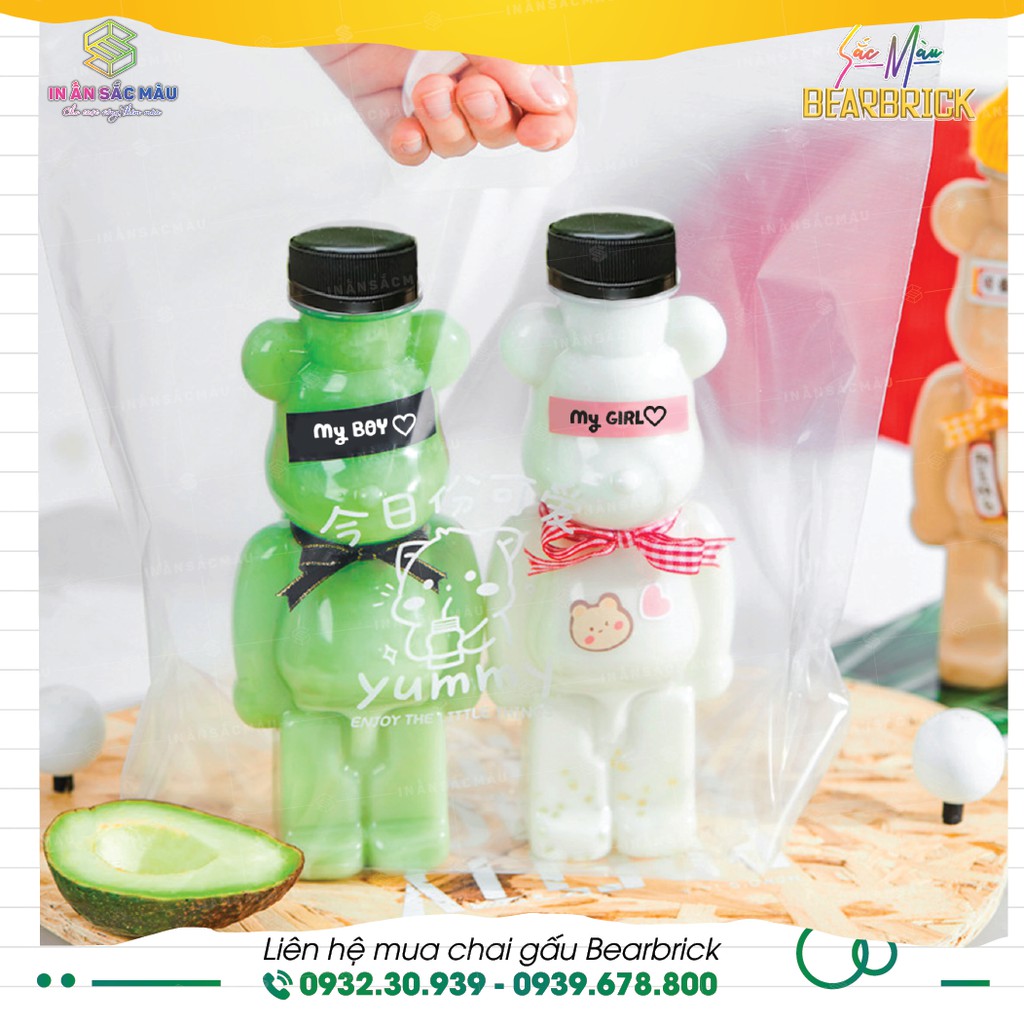 HOT Combo 10 bình nhựa, chai nhựa hình Gấu bạo lực Bearbrick, chai gấu đựng kẹo, chai gấu trà sữa