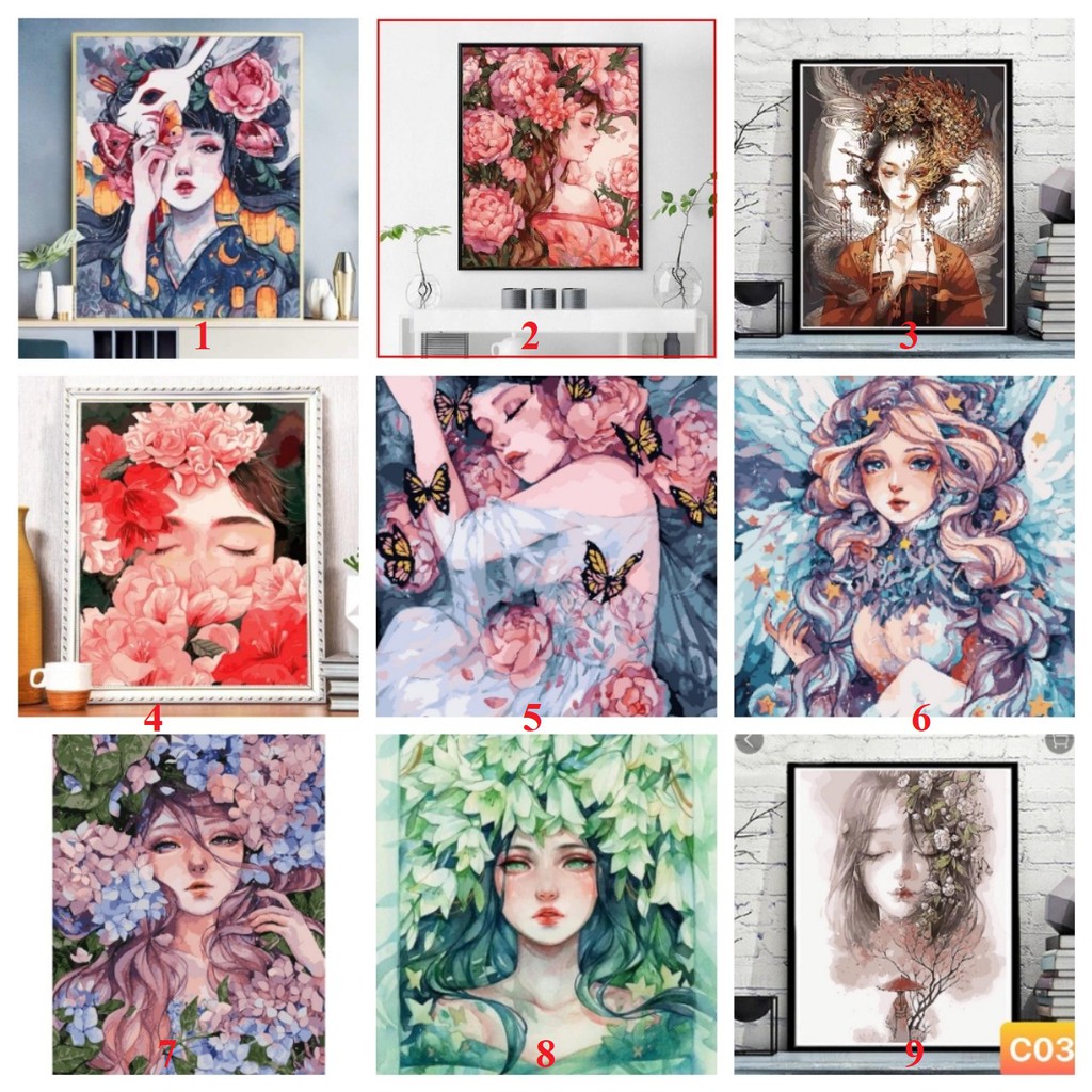 Tranh sơn dầu số hóa rẻ,đẹp-tranh tô màu theo số- tranh thiếu nữ, Tặng khăn,có khung 40x50-Moon shop-C2