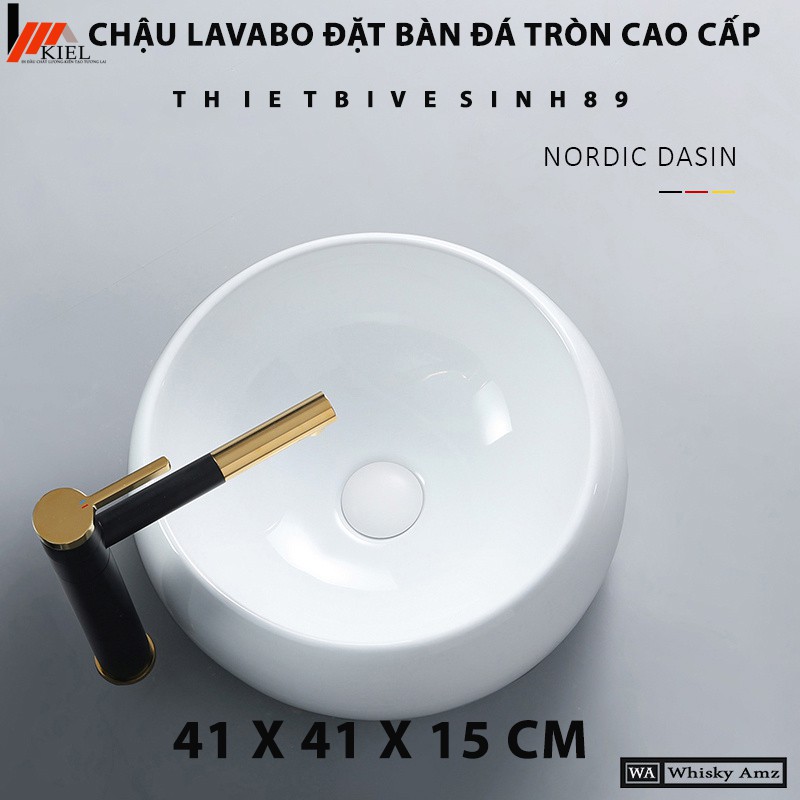 Chậu lavabo đặt bàn đá tròn cao cấp với thiết kế dáng tròn cách điệu mới lạ đặt nổi trên bàn .