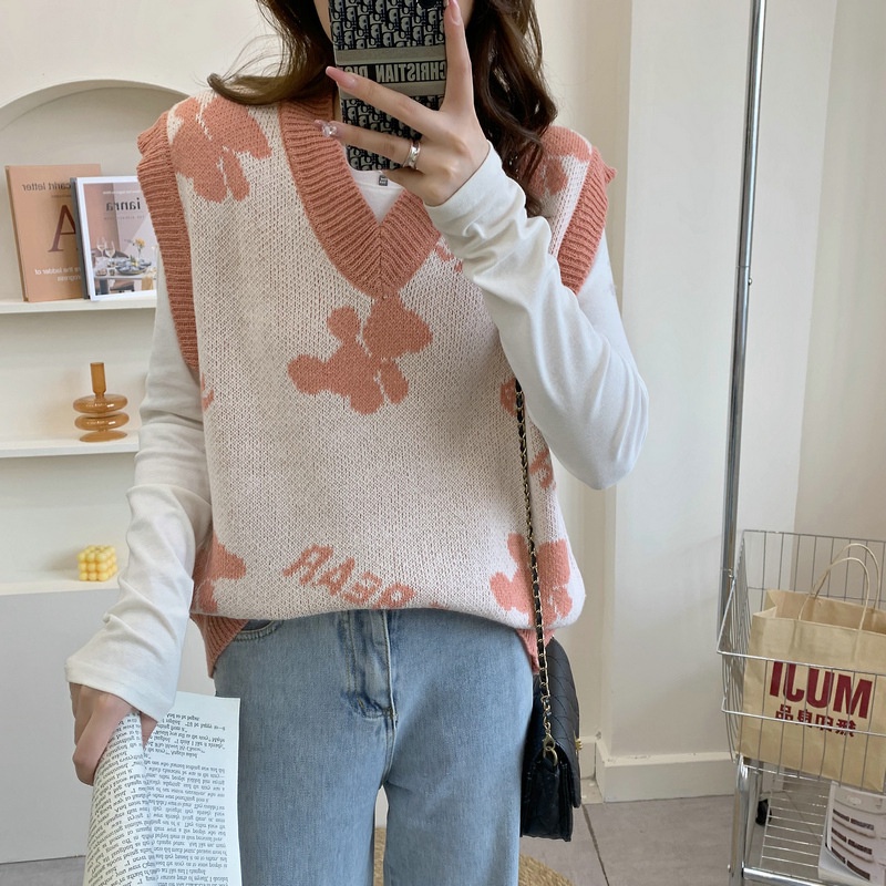 IELGY  Áo sweater Dệt Kim Không Tay Dáng Rộng In Hình Gấu Dễ Thương Cho Nữ