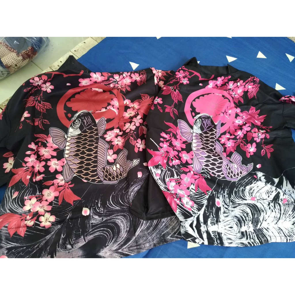 Áo Khoác Cardigan Nam Nữ dáng Kimono Haori Cá KOI Cá Chép màu đen trắng phong cách Nhật Bản Cosplay cho các tín đồ Anime