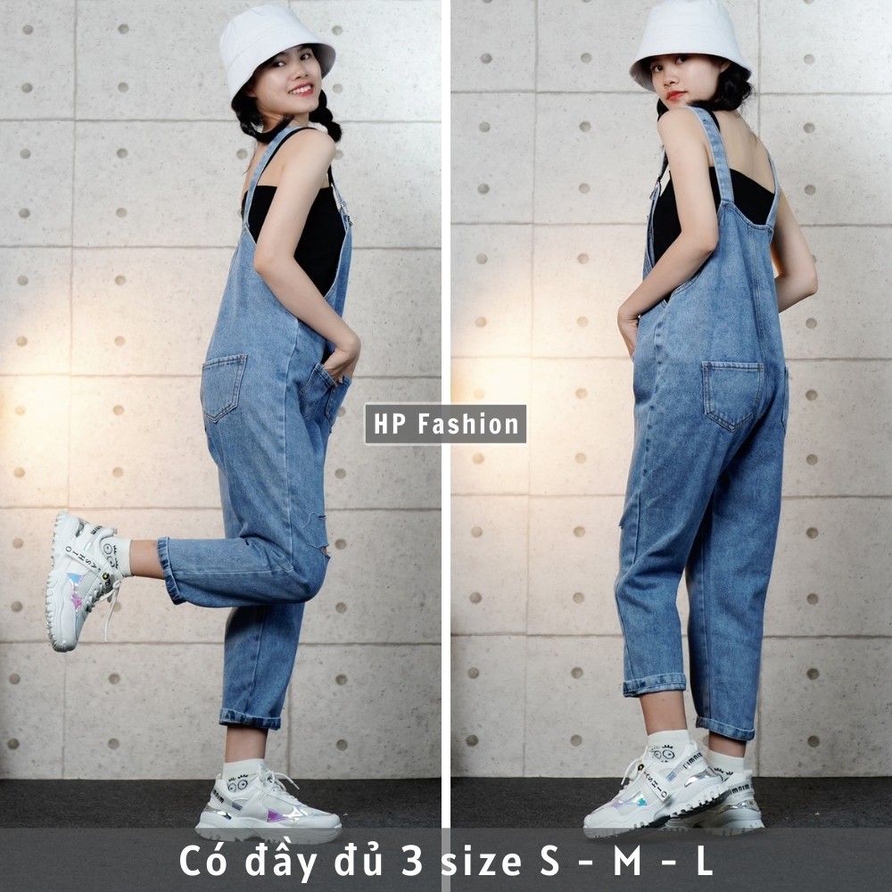 Quần yếm nữ ❤️ yếm jean dài rách dáng suông, phối túi cá tính phong cách Ulzzang QJ26 | BigBuy360 - bigbuy360.vn