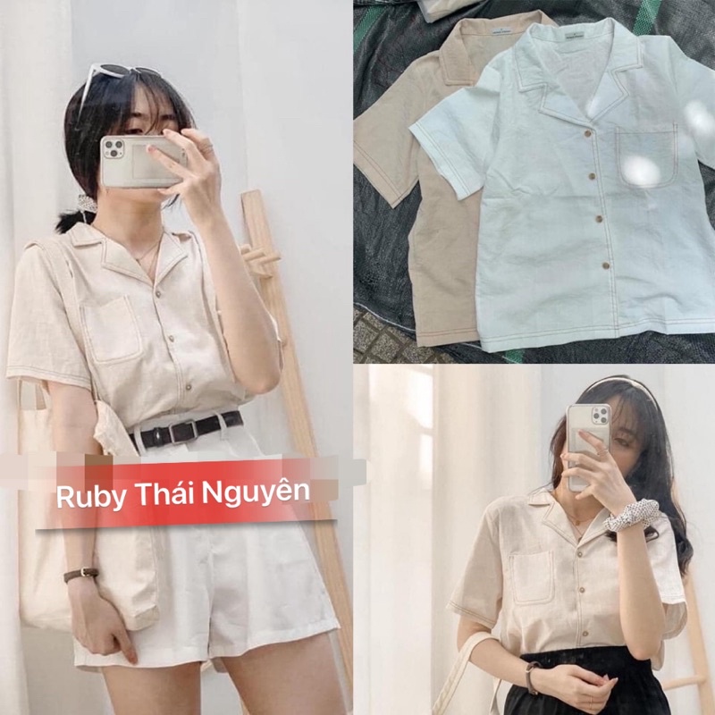 Áo Sơ Mi Nữ Thô Đũi Viền Cổ,Áo Kiểu Cộc Tay Cổ Vest Viền Chỉ Nổi Freesize( ảnh thật)