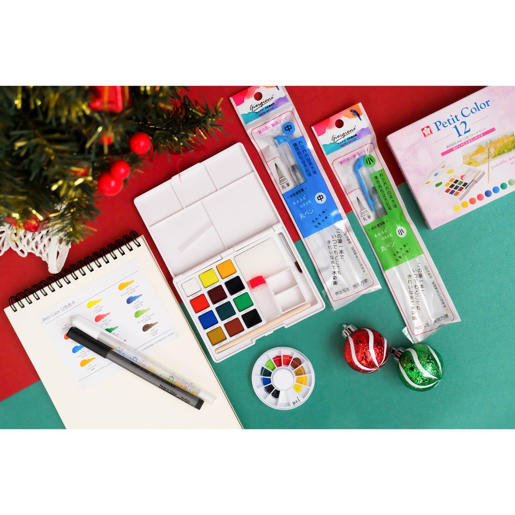 Combo màu Petit Color + Sổ Sketchbook Canson A5 + 2 Cọ nước Giorgione thân dài + Bút line + Bút trắng ( Tặng set Koi 12