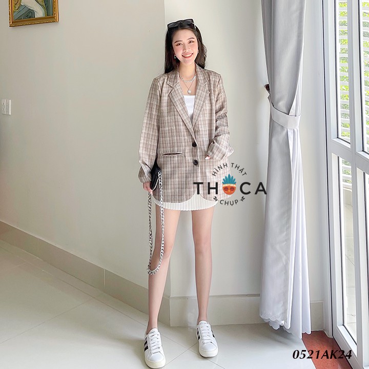 Khoác blazer nữ túi mổ 2 lớp caro THOCA HOUSE vest công sở khoác hằng ngày | BigBuy360 - bigbuy360.vn