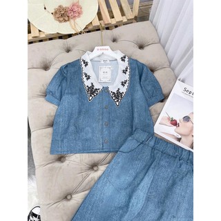 Set áo váy bò cổ thêu