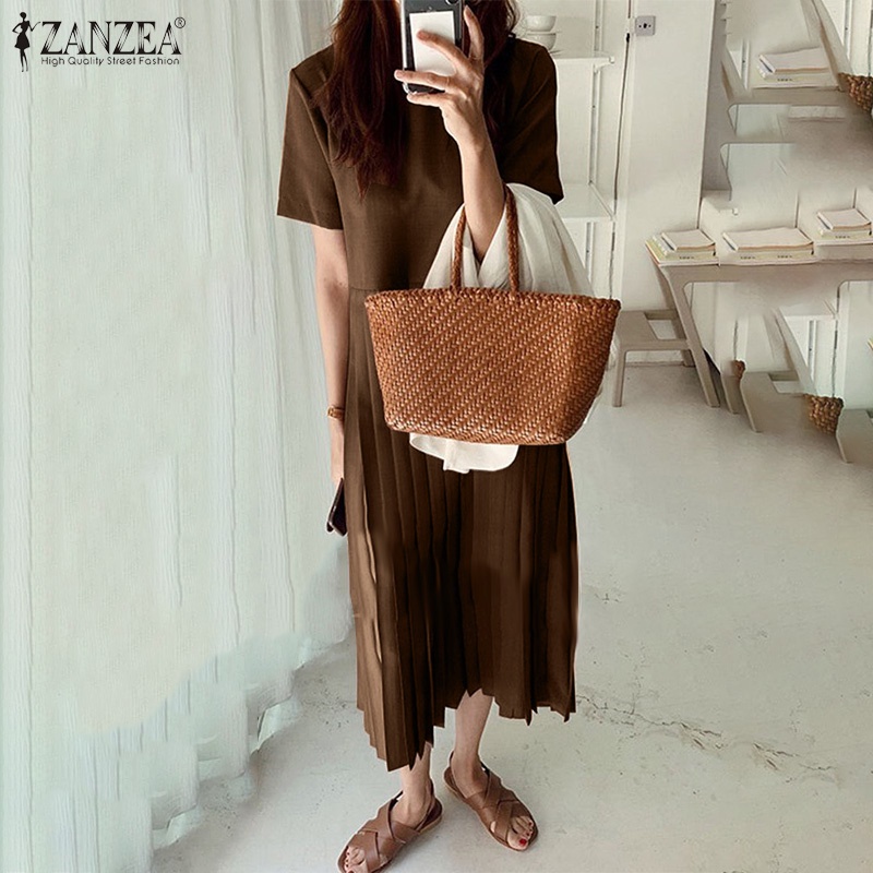 Đầm maxi ZANZEA màu trơn xếp ly cổ tròn tay áo một nửa phong cách retro cho nữ