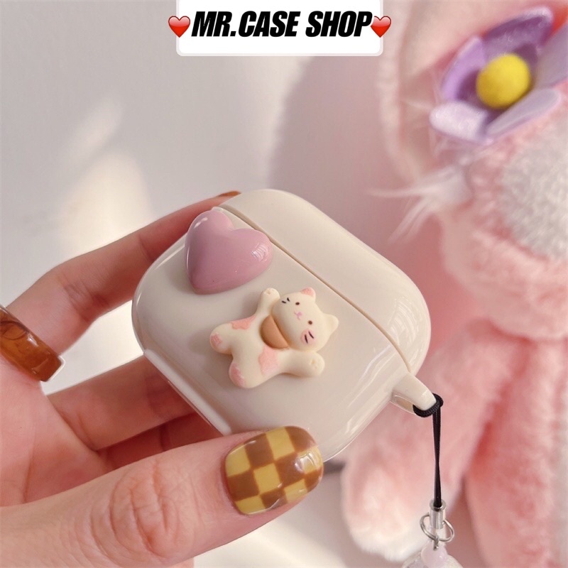 Case Airpods 1/2 /3/Pro Vỏ Ốp Tai Nghe Nhựa Dẻo Hình Hoạt Tiết Mèo Tim Kèm Dây Đeo Dài - Mr.Case AirPods