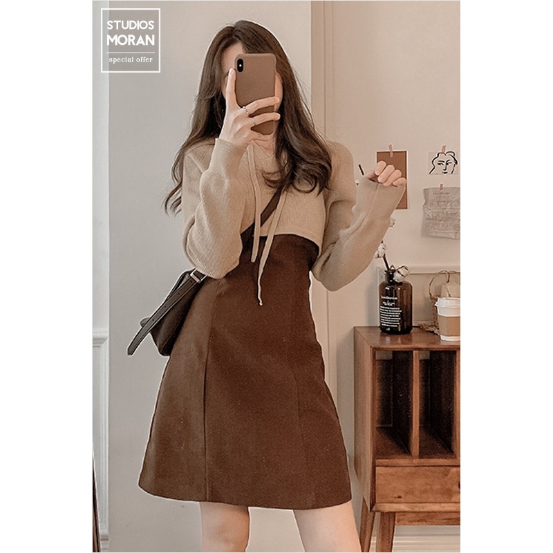 (ORDER) Set áo len có mũ dáng Croptop + Váy xòe dáng A-line style MORAN độc lạ Hàn Quốc