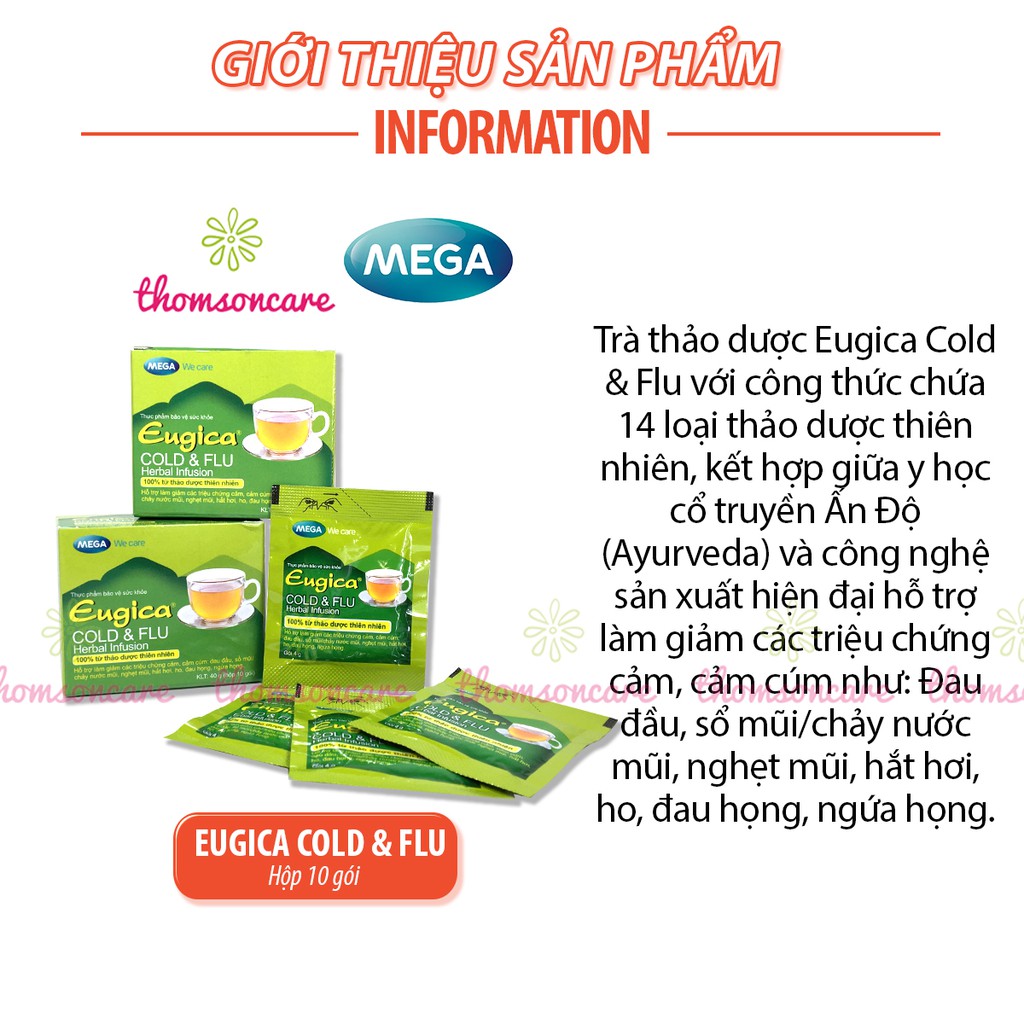 Trà giải cảm Eugica từ thảo dược, phòng cúm, ngạt mũi, hắt hơi, cảm lạnh từ gừng, tiêu đen, quê - Hộp 10 gói