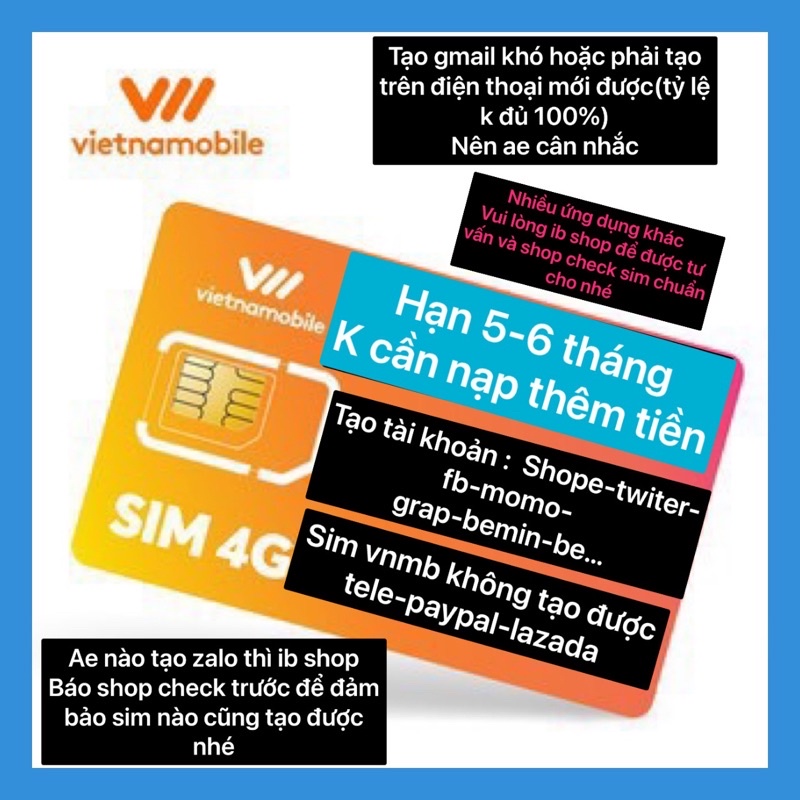 Sim VNMB tạo tài khoản hạn sử dụng 6 tháng , sim vietnamobile giá rẻ